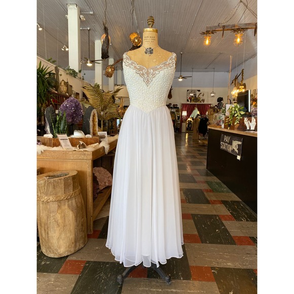mike benet gown sheer white chiffon 1960s formal sequin dress x-small prom